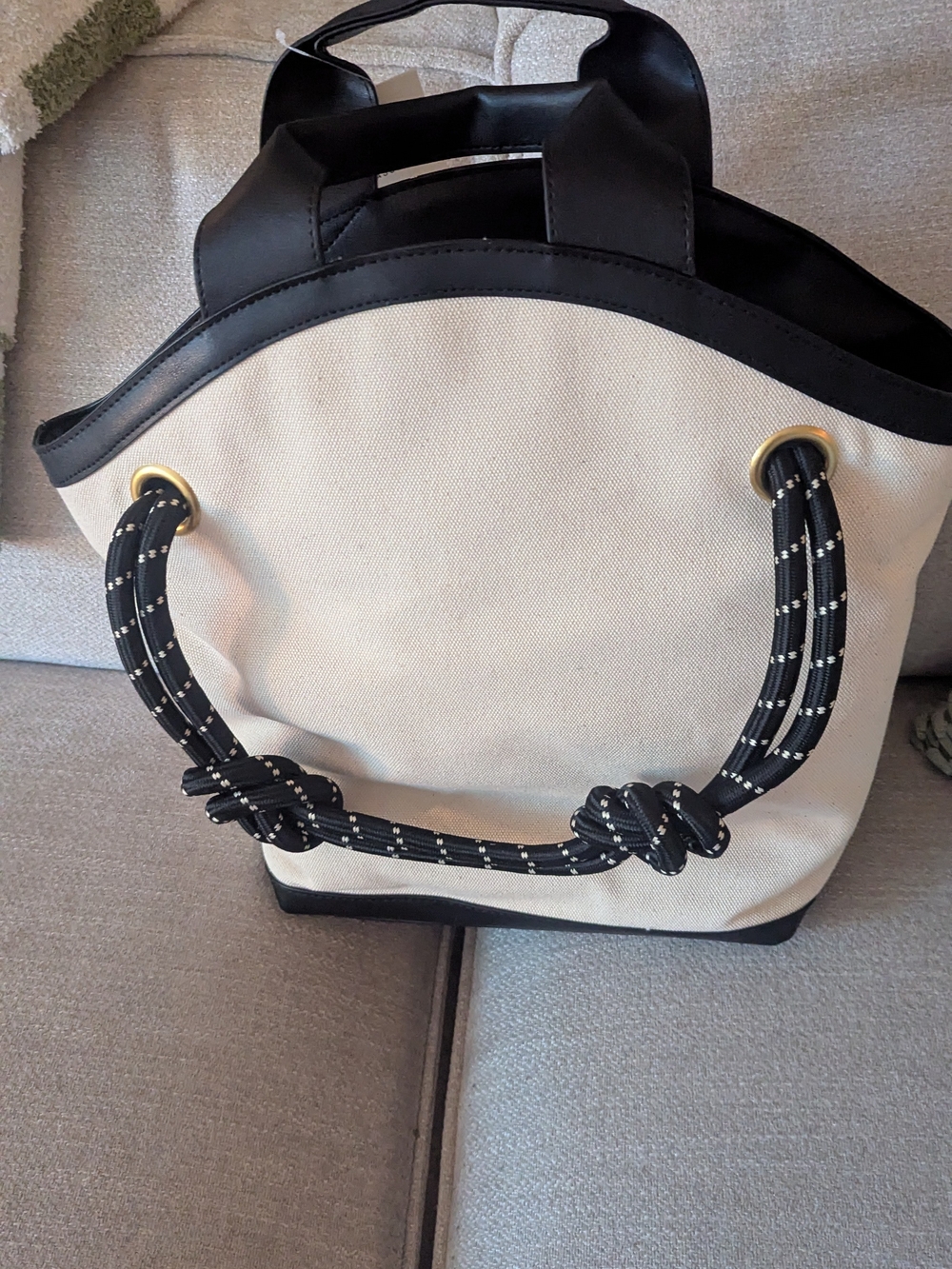 Canvas Tote with Black Trim and Knotted Rope Handles